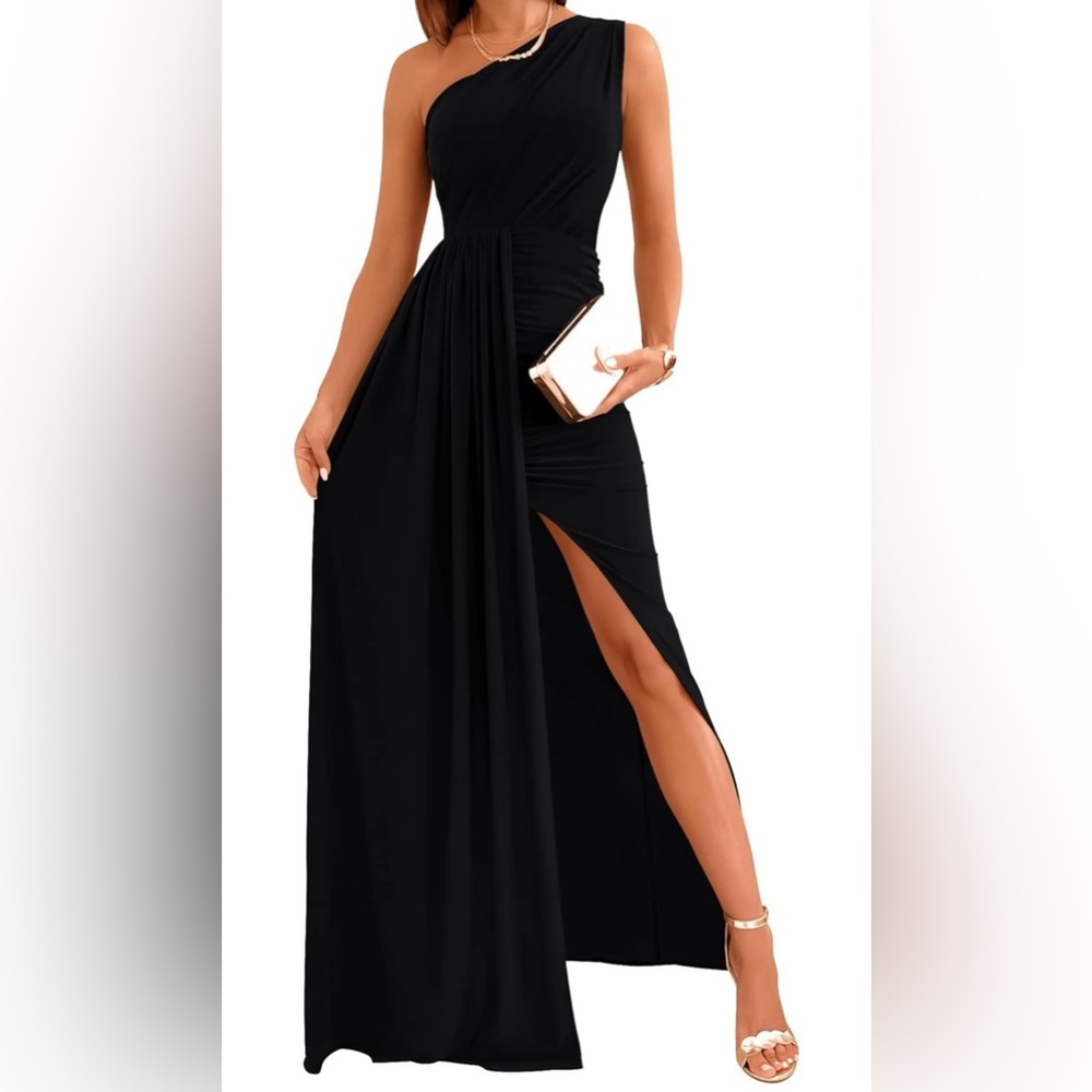 Women's One Shoulder Long Ruched High Split Cocktail Wedding Party Maxi Dresses